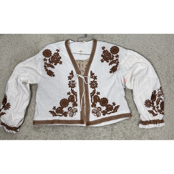 Umgee Linen Blend Lace Embroidered Jacket Cropped Puff Sleeve Size M Festival - Picture 5 of 12